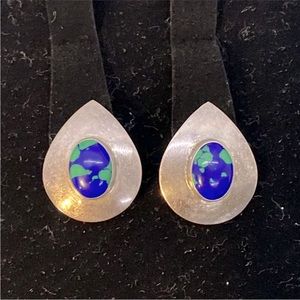 Sterling Silver 925 Native American Azurite Clip On Earrings Signed TOMMY 1 1/8”